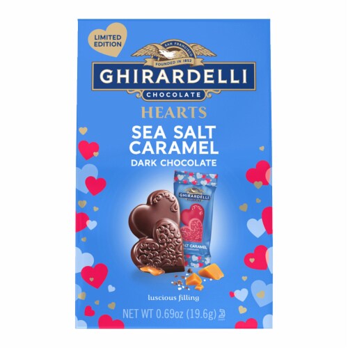 Ghirarfelli® Dark Chocolate Sea Salt Caramel Duet Hearts Valentine's Candy Bag Perspective: front