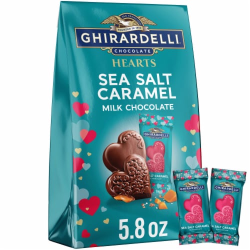 Ghirardelli® Sea Salt Caramel Milk Chocolate Hearts Valentine's Candy Bag Perspective: front