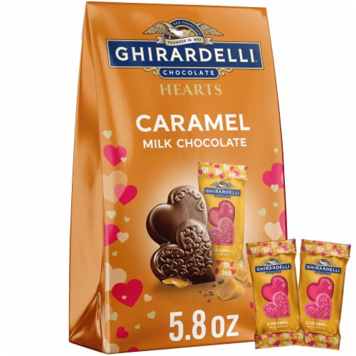 Ghirardelli® Caramel Milk Chocolate Hearts Valentine's Candy Bag Perspective: front