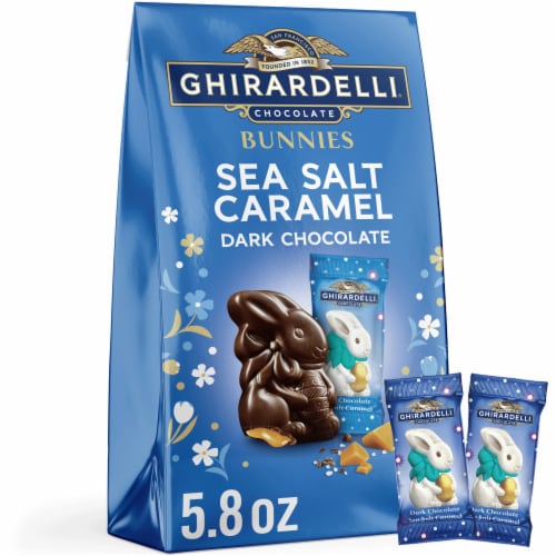 Ghirardelli® Dark Chocolate Sea Salt Caramel Bunnies Easter Candy Bag Perspective: front