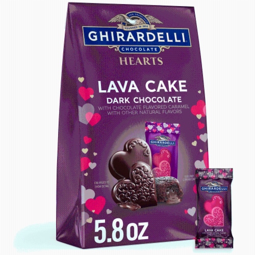 Ghirardelli® Dark Chocolate Lava Cake Hearts Valentine's Candy Bag Perspective: front