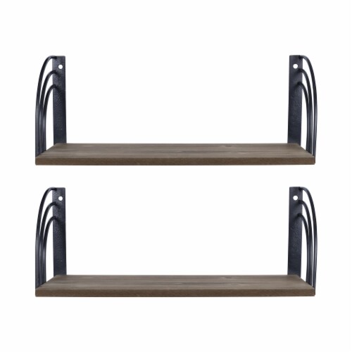 Stratton Home Decor Farmhouse Set of 2 Matte Black Arched Metal and Wood Wall Shelves Perspective: front
