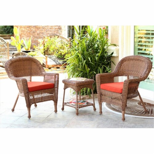 Jeco W00205 2 CES018 3 Piece Honey Wicker Chair And End Table Set With Red Orange Chair Cushi 3 Kroger