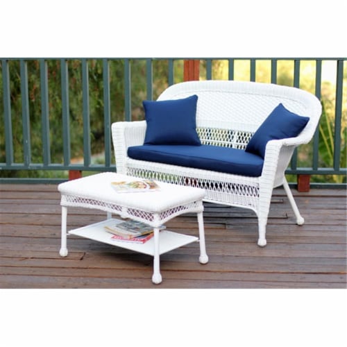 Jeco W00206 LCS011 White Wicker Patio Love Seat And Coffee Table Set With Blue Cushion 1 Kroger