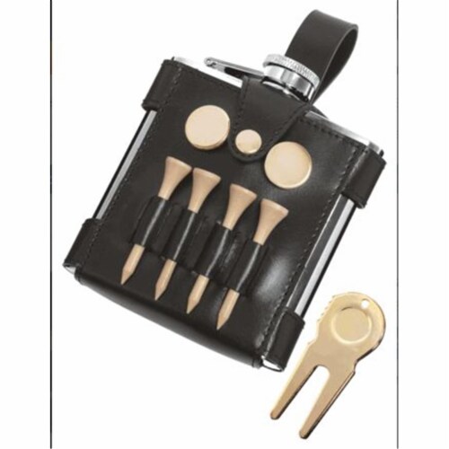 Visol VF1136 GB 6oz Hip Flask with Black Leather Wrap and Golf Tools Perspective: front