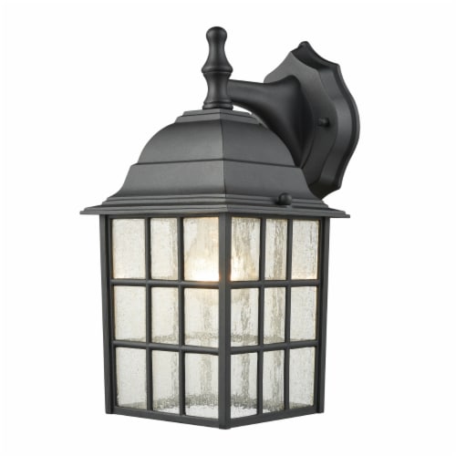 Holton 1-Light Outdoor Wall Sconce in Satin Black with Seedy Glass Perspective: front