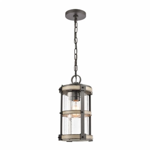 1-Light Outdoor Pendant in Anvil Iron and Distressed Antique Graywood with Seedy Glass Perspective: front