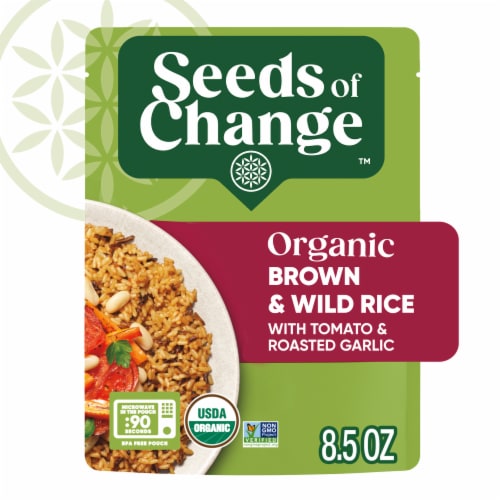 Seeds of Change Organic Brown and Wild Rice with Tomato & Roasted Garlic, Organic Food, 8.5 oz Pouch Perspective: front