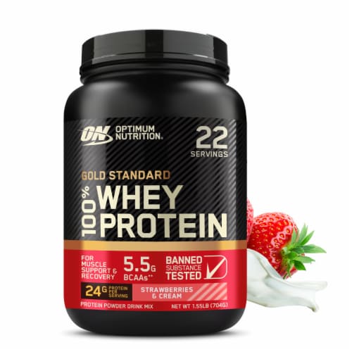 Optimum Nutrition Gold Standard 100% Whey Strawberries & Cream Protein Powder Perspective: front