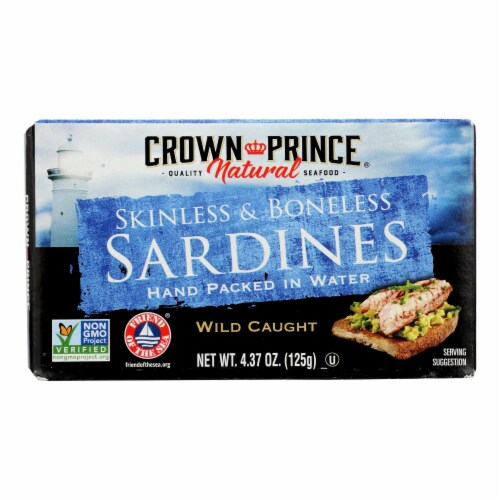 Crown Prince Skinless and Boneless Sardines In Water - Case of 12 - 4.37 oz. Perspective: front