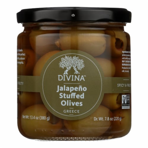 Divina - Green Olives Stuffed with Jalapeno Peppers - Case of 6 - 7.8 oz. Perspective: front