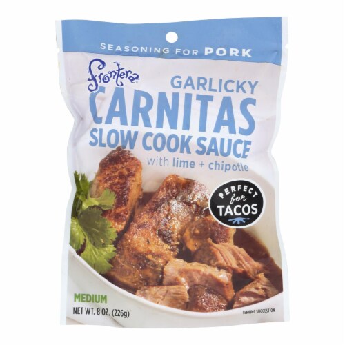 Frontera Foods Garlicky Carnitas Slow Cook Sauce - Garlicky Carnitas - Case of 6 - 8 oz. Perspective: front
