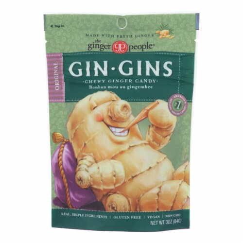 Ginger People - Gin Gins Chewy Ginger Christmas Candy - Original - Case of 12 - 3 oz. Perspective: front