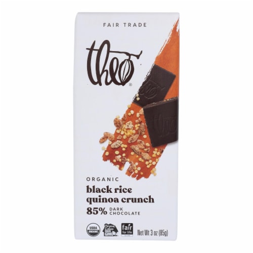 Theo Chocolate Black Rice Quinoa Crunch - 85 Percent Dark Chocolate - Case of 12 - 3 oz. Perspective: front