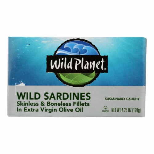 Wild Planet Wild Sardines - Skinless Boneless Fillets in Olive Oil - Case of 12 - 4.25 oz. Perspective: front