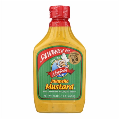 Woeber's Sandwich Pal Mustard - Jalapeno - Case of 6 - 16 oz. Perspective: front