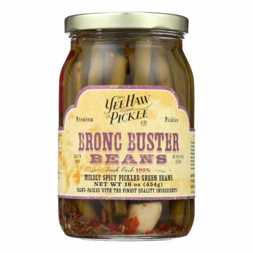 Yee-Haw Pickle Company Mildly Spicy Pickled Green Beans - Case of 6 - 16 oz. Perspective: front