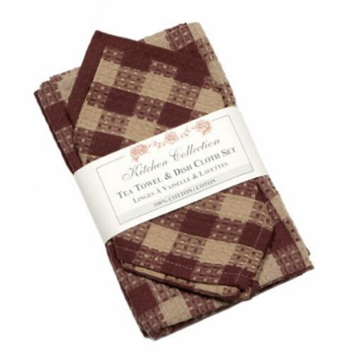 2 Tea Towels Plus 2 Dish Cloths Set, Burgundy Check, 1 - Fry's Food Stores