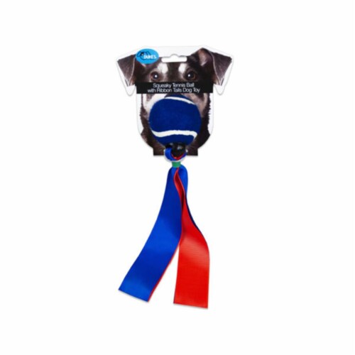 Kole Imports DI627-12 Squeaky Tennis Ball with Ribbon Tails Dog Toy - 12 Piece -Pack of 12 Perspective: front