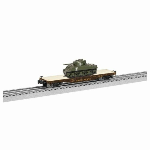 Lionel LNL1926741 40 ft. O Flatcar Model Train with Sherman Tank UP No.51125 Perspective: front