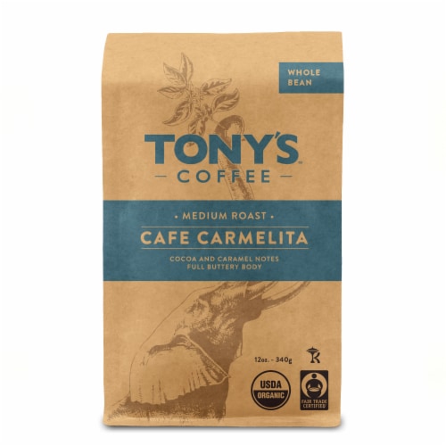 Tony's Coffee Cafe Carmelita Medium Roast Organic Whole Bean Coffee Perspective: front
