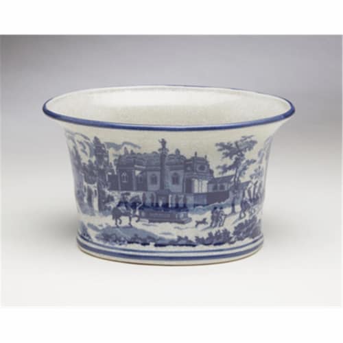 AA Importing 59846 Town Scene Toile Design Planter, Blue & White Perspective: front