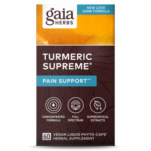 Gaia Herbs® Turmeric Supreme Pain Liquid Phyto-Caps Perspective: front