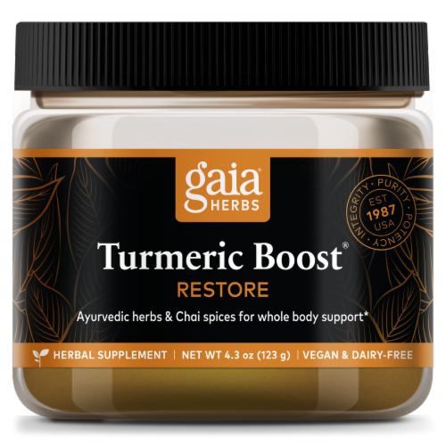 Gaia Herbs Restore Turmeric Boost Herbal Supplement Perspective: front