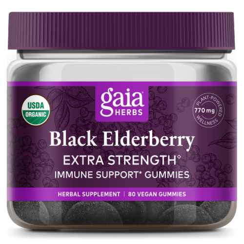 Gaia Herbs Black Elderberry Extra Strength Immune Support Vegan Gummies Perspective: front