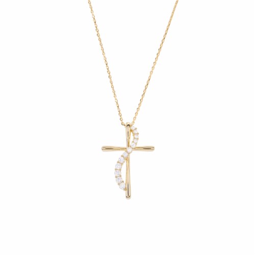 14K Gold Over Brass Cubic Zirconia Swirl On Cross Necklace Perspective: front