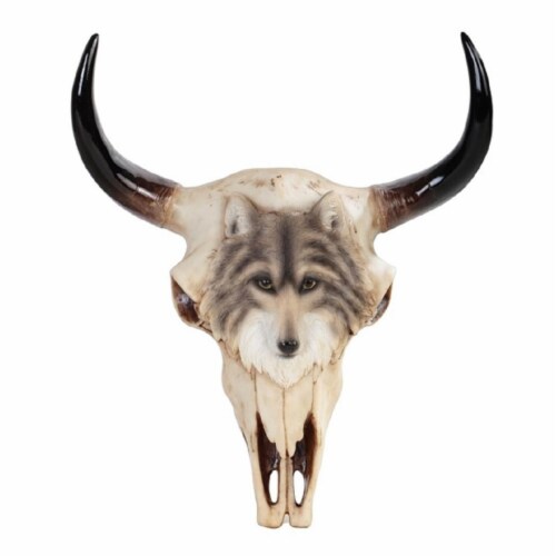 11 in. Buffalo Skull with Wolf on the Front Taxidermy Animal Head Wall Decor, Beige Perspective: front
