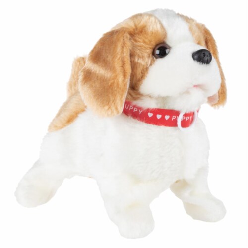 Interactive Plush Puppy Toy, White & Brown Perspective: front