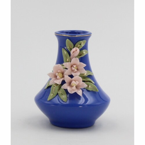 Mini Size Ceramic Sweet Pea Flower on Blue Vase, Home Décor, Gift for Her, Gift for Mom, Perspective: front