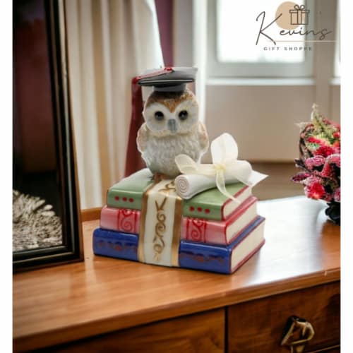 Ceramic Graduating Owl Music Box Playing Over the Rainbow , Home Décor, Graduation Gift, Perspective: front