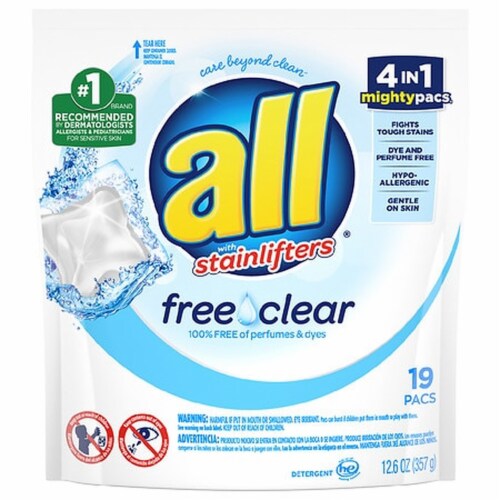 All Mighty Pacs Laundry Detergent Free Clear (Pack of 32) Perspective: front
