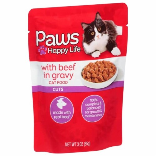Topco Associates, Paws Happy Life Cat Food with Beef in Gravy Cuts, (Pack of 12) Perspective: front
