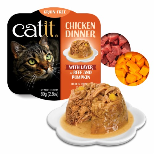 Catit Dinner Chicken W/Beef & Pupmkin Cat Wet Food, 2.8-oz Can (Pack of 6) Perspective: front