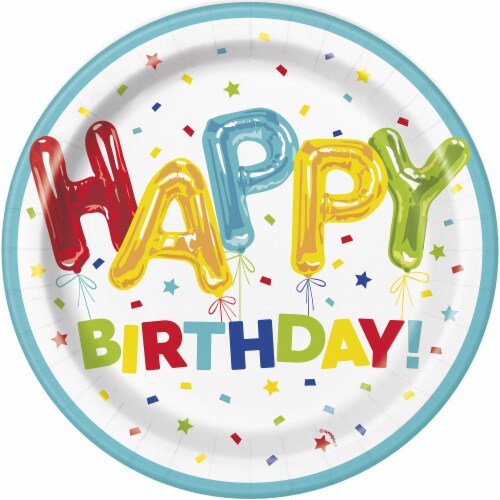 Unique Round Dinner Paper Plates - 9 | Happy Balloon Birthday (Pack of 14) Perspective: front