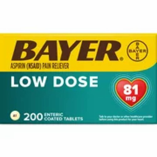 Bayer Low Dose Aspirin 81 MG Enteric Coated Talblets (Pack of 32) Perspective: front