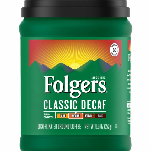 Folgers Decaf Ground Coffee, Medium Roast, 9.6 Oz. (Pack of 6) Perspective: front