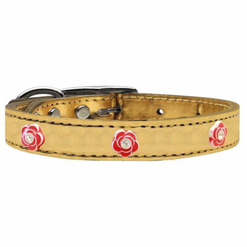Red Rose Widget Genuine Metallic Leather Dog Collar, Gold - Size 18 Perspective: front