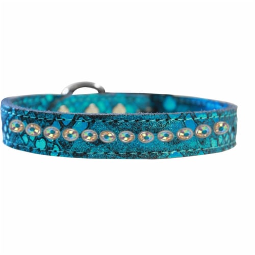 One Row AB Crystal Jeweled Dragon Skin Genuine Leather Dog Collar, Blue - Size 14 Perspective: front