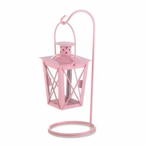 Iron Railroad Hanging Lantern Pair, Pink Perspective: front
