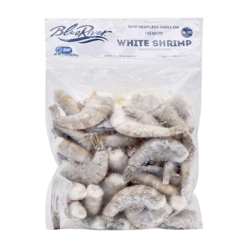 Blue River Frozen Raw Shell-On White Shrimp Perspective: front