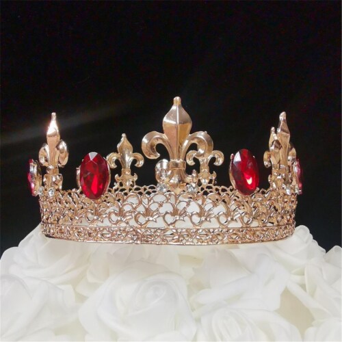 Tian Sweet 34039GD-RD 7.8 oz Fleur De Lis King Gold Crown Cake Topper - Red Perspective: front