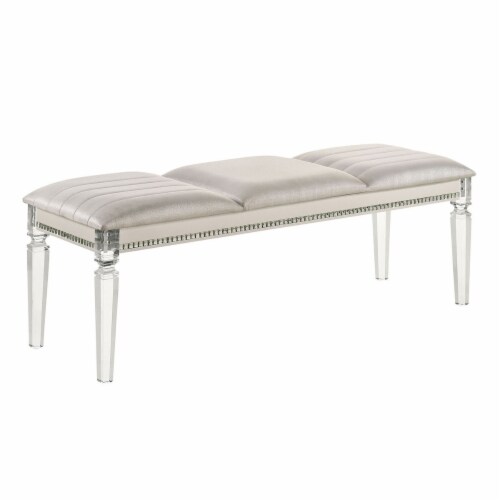 Leatherette and Wood Bench in Pearl White Finish Perspective: front