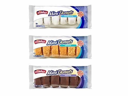 Mrs. Freshley's Donut Variety Assortment | Chocolate Frosted, Crunch, and Powdered Sugar | 12 Perspective: front