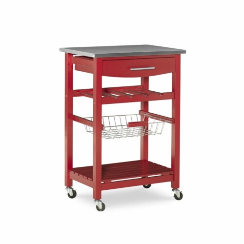 Linon Natalie Wood Stainless Steel Top Kitchen Cart in Red Perspective: front