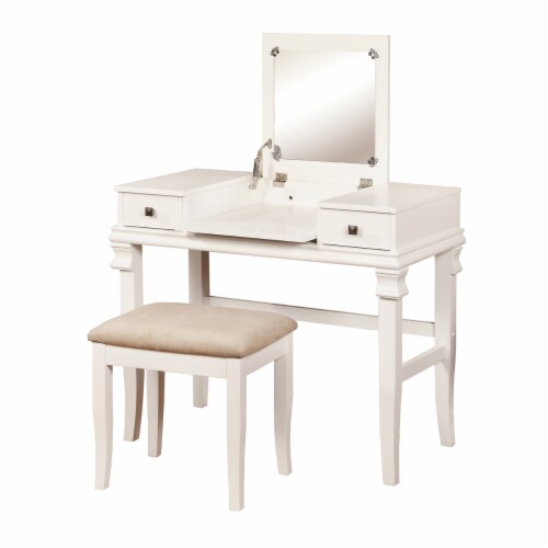 Wooden Vanity Set with Flip Top Mirror and 2 Drawers, White and Beige Perspective: front