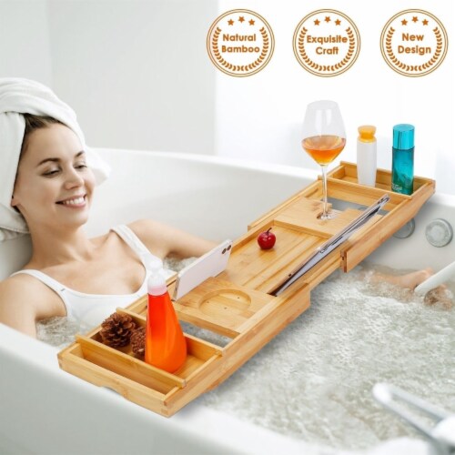 Mainstays Extendable Bamboo Bathtub Tray with Flip-Up Reading Shelf